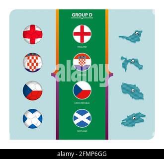 Drapeaux et carte isométrique avec terrain de football de la collection Group D. Vector. Illustration de Vecteur