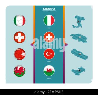 Drapeaux et carte isométrique avec terrain de football de la collection Group A. Vector. Illustration de Vecteur