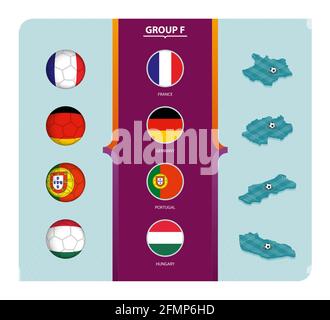 Drapeaux et carte isométrique avec terrain de football de la collection Group F. Vector. Illustration de Vecteur