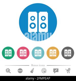 Haut-parleurs icônes blanches plates sur fond de couleur ronde. 6 icônes bonus incluses. Illustration de Vecteur