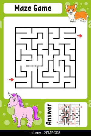 Labyrinthe carré. Jeu pour enfants. Labyrinthe drôle. Feuille de travail de développement de l'éducation. Page activité. Puzzle pour les enfants. Style de dessin animé. Riddle pour l'école maternelle. Illustration de Vecteur