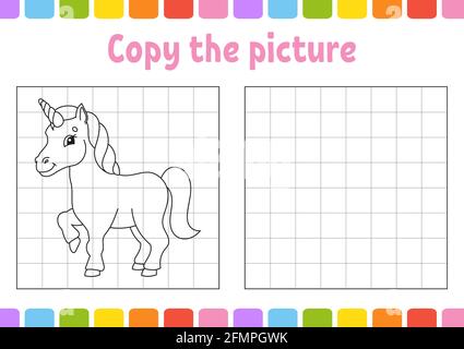 Copy the picture. Coloring book pages for kids. Education developing worksheet. Game for children. Handwriting practice. Funny character. Cute cartoon Stock Vector