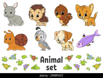 Ensemble d'autocollants avec de jolis personnages de dessin animé. Clipart animal. Dessiné à la main. Pack coloré. Illustration vectorielle. Collection de badges patch. Design de l'étiquette Illustration de Vecteur