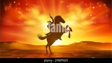 Cowboy Riding Horse Silhouette fond Coucher de soleil Illustration de Vecteur