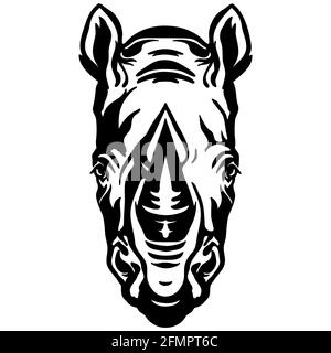 Mascotte. Tête de rhinocéros. Illustration vectorielle couleur noire vue de face d'un animal sauvage isolé sur fond blanc. Pour la décoration, l'impression, le design, le logo, sp Illustration de Vecteur