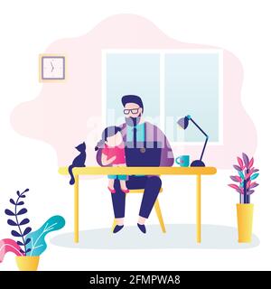 Papa indépendant travaille à la maison pendant la quarantaine. Le parent travaille avec l'enfant sur les genoux. L'homme d'affaires est mis en quarantaine et travaille à distance sur un ordinateur. Auto-iso Illustration de Vecteur