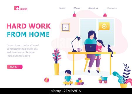 Modèle de page d'accueil Hard Remote Work from Home . Femme sur le lieu de travail avec des enfants. Maman ne peut pas travailler de manière productive. Concept multitâche. Intérieur de la chambre. Illustration de Vecteur