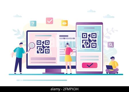 Concept de lecture de code QR. Groupe de personnes scannant le code à l'aide d'un smartphone et d'un ordinateur. Technologie intelligente pour les paiements sur Internet et mobiles. Adapté à la bande Illustration de Vecteur