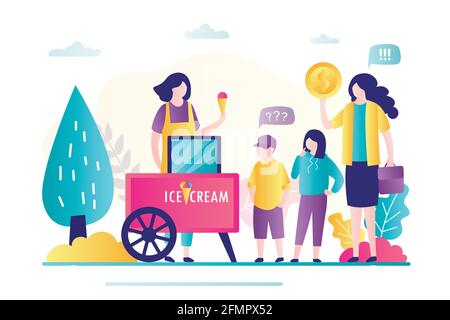 La mère et les enfants achètent de la crème glacée. Vendeuse de dessert pour les gens. Petite entreprise locale, commerce de Takeaway. Femme d'affaires avec chariot de glace wi Illustration de Vecteur