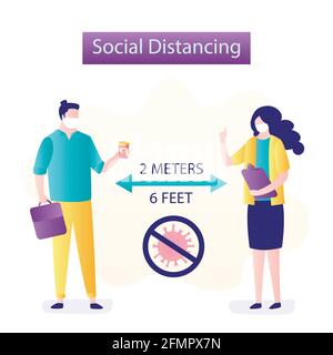 La distanciation sociale, deux hommes d'affaires gardant la distance pour le risque d'infection et la maladie. 2 mètres ou 6 pieds de distance entre les humains, les personnes parlant. COV Illustration de Vecteur