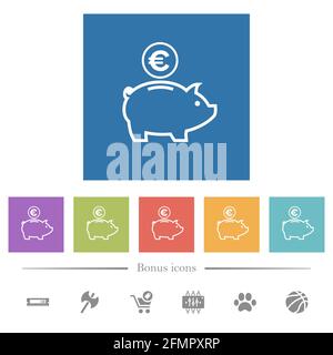 Euro piggy Bank plate icônes blanches sur fond carré. 6 icônes bonus incluses. Illustration de Vecteur