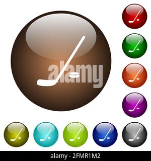 Icônes de bâton de hockey et de rondelle blanche sur boutons ronds en verre en plusieurs couleurs Illustration de Vecteur