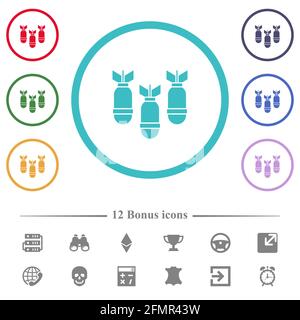 Trois icônes de couleur plate de bombes d'air dans les contours de forme de cercle. 12 icônes bonus incluses. Illustration de Vecteur
