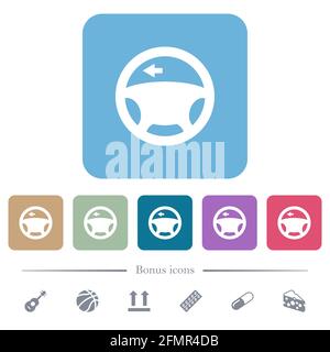 Clignotant de voiture gauche, tableau de bord, icônes plates blanches sur fond carré arrondi de couleur. 6 icônes bonus incluses Illustration de Vecteur