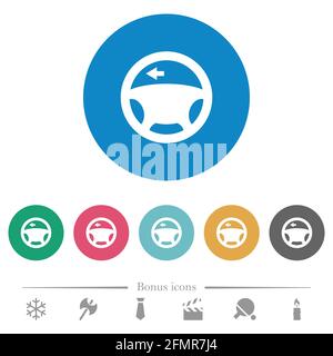 Clignotant de voiture gauche feu de tableau de bord icônes blanches plates sur fond rond de couleur. 6 icônes bonus incluses. Illustration de Vecteur