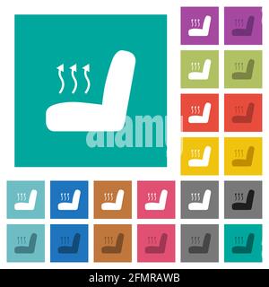 Siège d'auto chauffant multi-couleurs icônes plates sur fond carré Uni. Inclut des variantes d'icône blanche et foncée pour les effets de survol ou actifs. Illustration de Vecteur