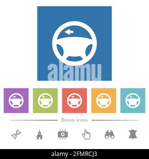 Clignotant de voiture gauche feu de tableau de bord icônes blanches plates sur fond carré. 6 icônes bonus incluses. Illustration de Vecteur