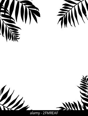 Paume feuilles cadre. Tropic plantes branches silhouettes bordures noires. Bannière vectorielle isolée, modèle d'invitation de mariage en arrière-plan. Feuillage de la jungle des arbres, hawaïen exotique, éléments tropicaux Illustration de Vecteur