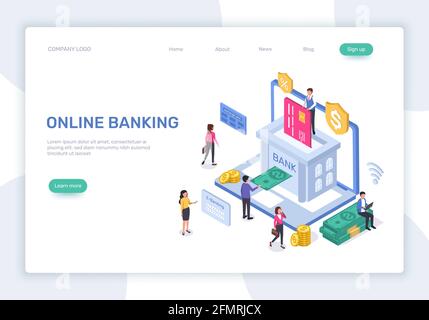 Page d'accueil des services bancaires en ligne. concept 3d isométrique de gestion financière en ligne. Modèle Web de vecteur de paiements sécurisés et de transactions monétaires. Banque électronique avec les employés et les clients page Web Illustration de Vecteur
