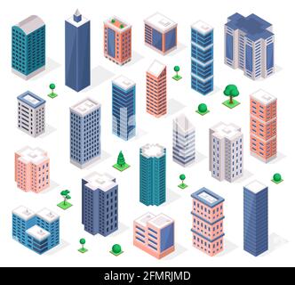 Bâtiments isométriques. Tour de gratte-ciel urbain, immeuble moderne d'appartements ou de bureaux d'affaires. architecture de ville en 3d avec ensemble de vecteurs d'arbres. Hauts blocs de façades plates avec plantes vertes Illustration de Vecteur