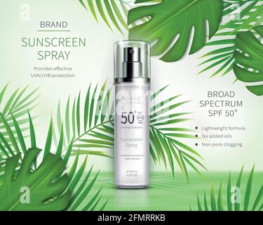 Affiche de publicité réaliste vecteur cosmétique de protection solaire. Vaporisateur en plastique blanc avec crème solaire et feuilles tropicales vert vif sur fond brillant. SPF cosmétiques, maquette pour magazine Illustration de Vecteur