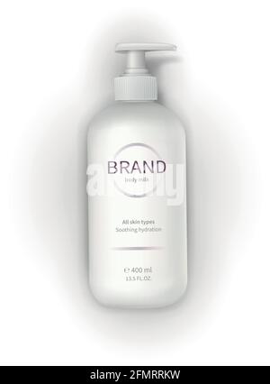 Modèle de contenant à cosmétiques Vector Realistic, flacon en plastique blanc avec distributeur, pompe et étiquette de marque isolée sur fond blanc. Cosmétiques pour les soins de la peau, crème, lotion, savon liquide ou mousse de bain Illustration de Vecteur