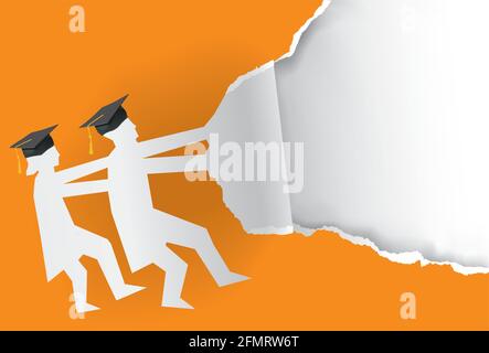 Deux diplômés, fond de papier orange déchiré. Illustration de la silhouette en papier de deux élèves avec du papier déchirant le panneau d'un mortier. Illustration de Vecteur