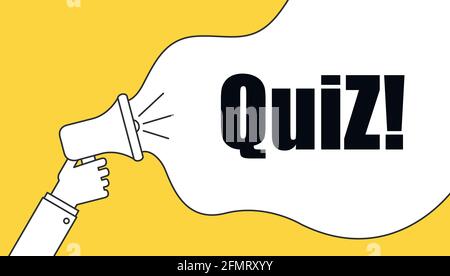 Main tenant le mégaphone avec la bulle de la parole de quiz. Haut-parleur. Bannière pour les affaires et la publicité. Illustration vectorielle. Illustration de Vecteur