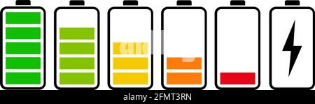 LES ICÔNES DE BATTERIE DÉFINISSENT LES INDICATEURS DE NIVEAU. DURÉE DE VIE DE LA BATTERIE, ACCUMULATEUR, BATTERIE FAIBLE, RECHARGE DE LA BATTERIE Illustration de Vecteur