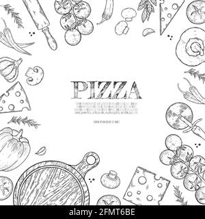 Illustration de la pizza dessinée à la main avec des dessins animés. Pizzeria objets et éléments design. Arrière-plan artistique créatif. Arrière-plan vectoriel de dessin au trait Illustration de Vecteur