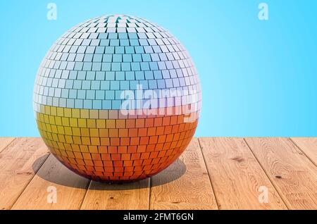 Bal disco miroir sur les planches en bois, rendu 3D Banque D'Images