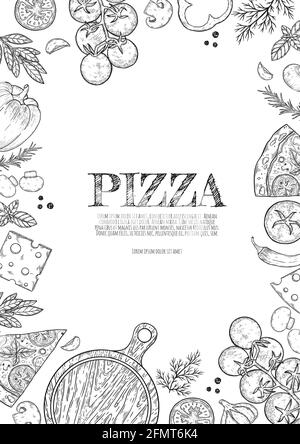 Illustration de la pizza dessinée à la main avec des dessins animés. Pizzeria objets et éléments design. Arrière-plan artistique créatif. Arrière-plan vectoriel de dessin au trait Illustration de Vecteur