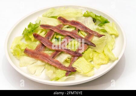 ration d'anchois dans le vinaigre, garni de tomates et de menthe Banque D'Images