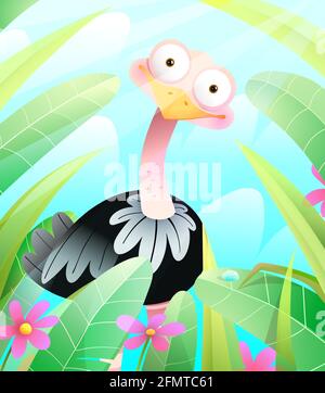 Mignon Ostrich dans Green nature Cartoon pour enfants Illustration de Vecteur