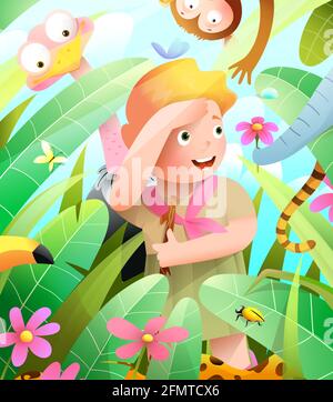 Aventure de fille scoute dans la jungle avec les animaux Illustration de Vecteur