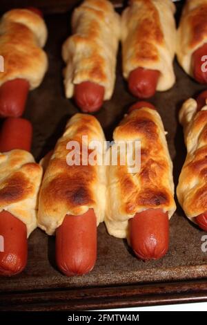 Les cochons dans une couverture ont été cuits dans une poêle en métal, bruni et savoureux dans la pâte croissant du Kansas. Banque D'Images