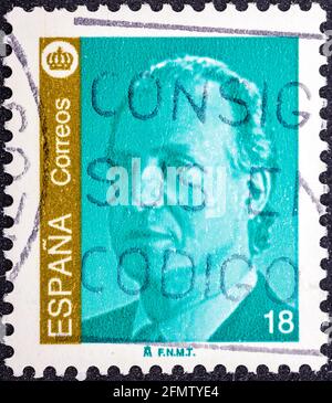 ESPAGNE - VERS 1985: Un timbre imprimé en Espagne montre un portrait du roi Juan Carlos I d'Espagne sans inscription, de la série 'Roi Juan Carlos I' Banque D'Images