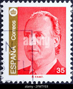 ESPAGNE - VERS 1985: Un timbre imprimé en Espagne montre un portrait du roi Juan Carlos I d'Espagne sans inscription, de la série 'Roi Juan Carlos I' Banque D'Images