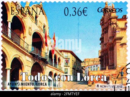 ESPAGNE - VERS 2012: Un timbre imprimé en Espagne de l'édition "Todos con Lorca" montre l'hôtel de ville, vers 2012. Banque D'Images