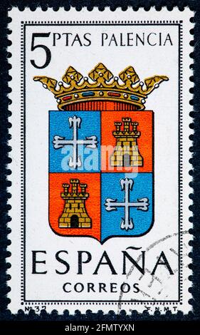 ESPAGNE - VERS 1965: Un timbre imprimé en Espagne dédié aux armoiries des capitales provinciales montre Palencia Banque D'Images