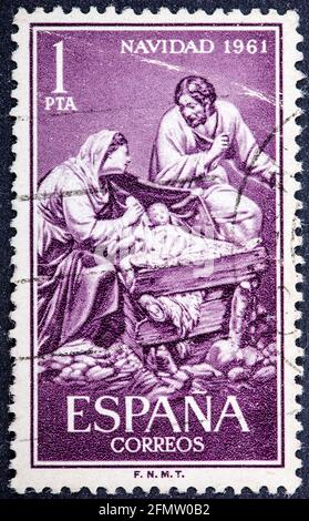 ESPAGNE - VERS 1961: Timbre imprimé par l'Espagne, montre la Nativité sculptée par Gines, vers 1961 Banque D'Images