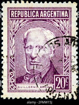 Argentine - circa 1959 : timbre imprimé en Argentine montre portrait de l'amiral Guillermo Brown (1777-1857) fondateur de la marine argentine, vers 1959 Banque D'Images