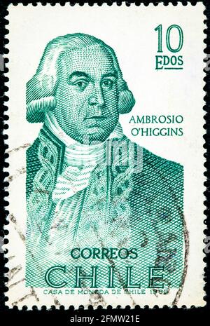 Chili - VERS 1969 : timbre imprimé par le Chili, affiche le portrait d'Ambrosio Bernardo O'Higgins, 1er marquis d'Osorno, gouverneur royal du Chili, vers 1969 Banque D'Images