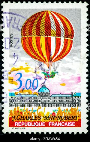 France - Circa 1983: Timbre imprimé par la France, spectacles deuxième Ascension de l'Homme dans l'atmosphère, Professeur Jacques Alexandre Cesar Charles et Nicolas L Banque D'Images