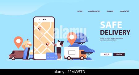 personnel de service de livraison sûr utilisant le transport en ligne et logistique numérique application d'achat sur l'écran du smartphone Illustration de Vecteur