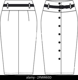 Femmes – Jupe crayon à pression sur le devant avec ceinture, croquis de mode à plat Vector. Modèle d'illustration technique mode. Ouverture à encliquetage avant. Illustration de Vecteur