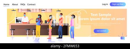 mélanger les personnes de course dans des masques de protection debout dans la file d'attente dans le café coronavirus pandémie de concept de distance sociale Illustration de Vecteur