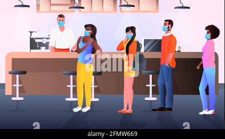 mélanger les personnes de course dans des masques de protection debout dans la file d'attente dans le café coronavirus pandémie de concept de distance sociale Illustration de Vecteur