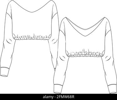 Sweat-shirt à col en V pour femme, modèle à dessin plat. Illustration technique de mode pour filles. Large ouverture au niveau du col. Ourlet élastique Illustration de Vecteur