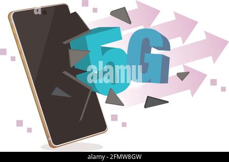5G se décomposant du téléphone mobile. Concept de réseau 5G, Internet mobile haut débit, réseaux de nouvelle génération. Illustration vectorielle plate. Illustration de Vecteur